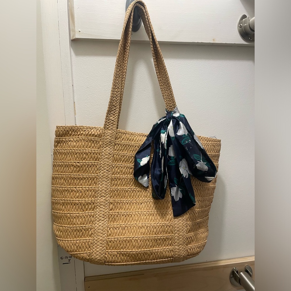 Woven Straw Tote Bag with Floral Scarf Accent